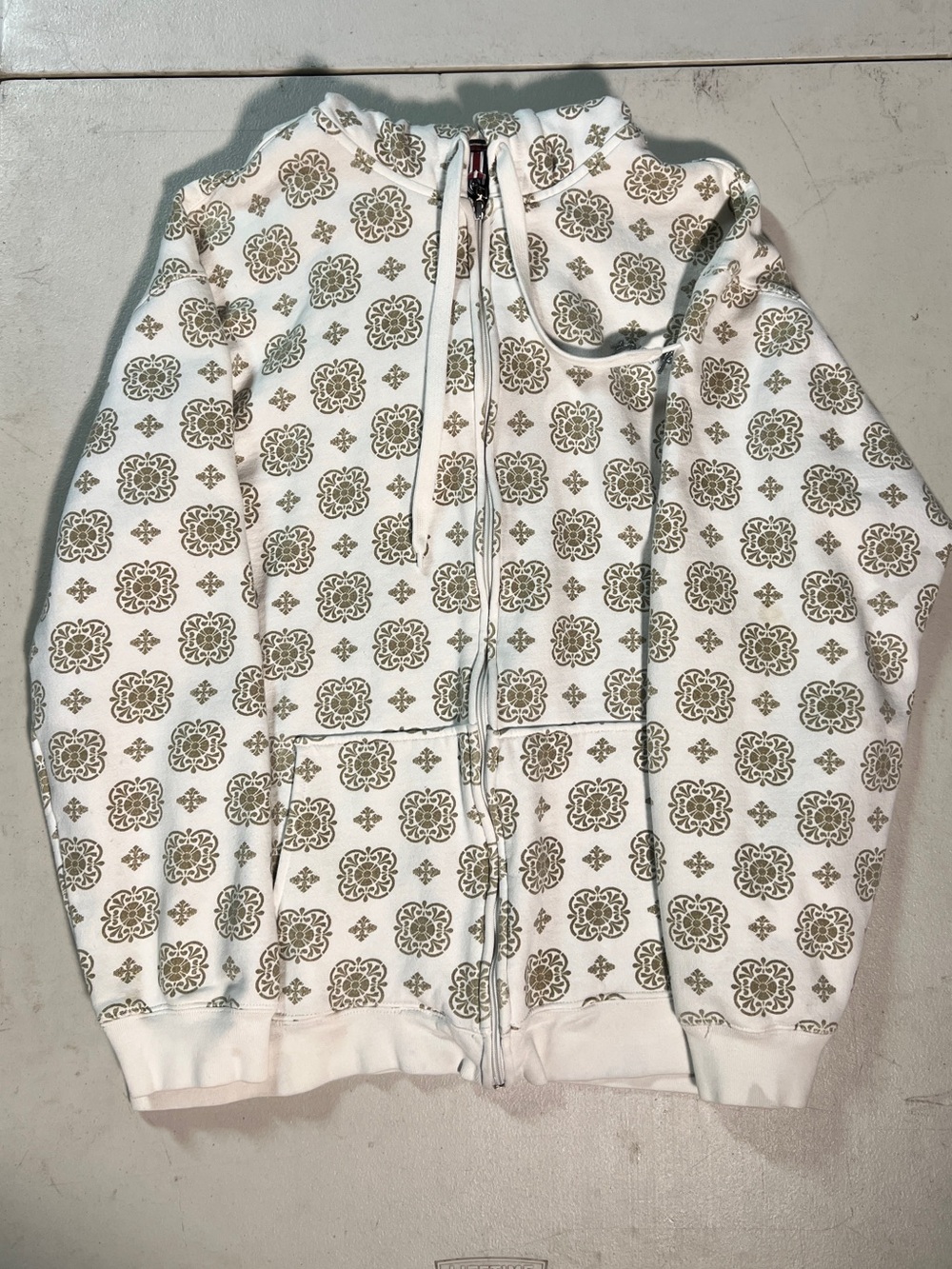 White Zip-Up Hoodie with Olive Medallion Print